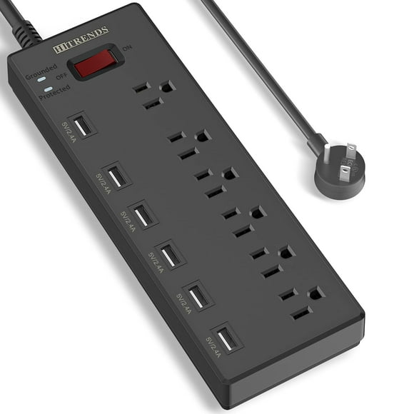 Barre d'Alimentation, HITRENDS Parasurtenseur avec 6 Prises CA et 6 Ports de Recharge USB, Cordon d'Extension Robuste de 6 Pieds, Multiprise 1625W/13A pour la Maison et le Bureau et Plusieurs Appareils USB - Noir