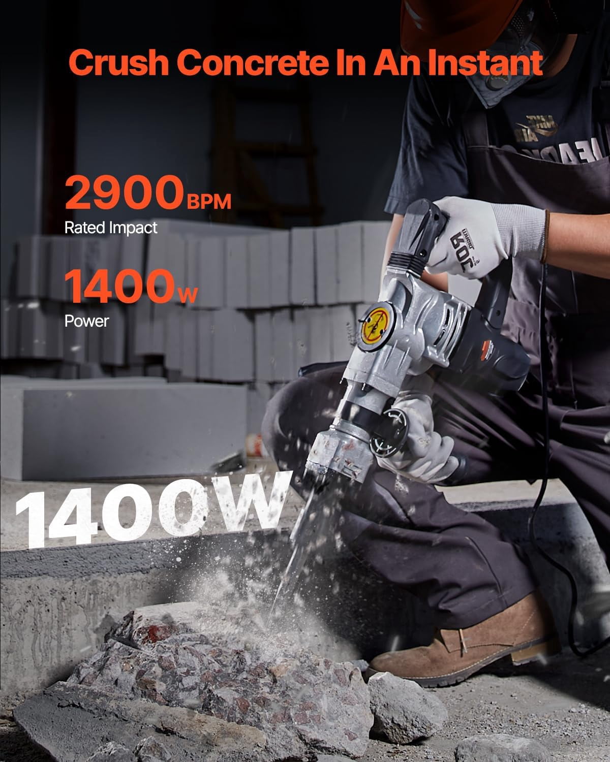 Demolition Jack Hammer, MAX 1400W Electric Jackhammer Heavy Duty, 2900 BPM Concrete Breaker 2pcs Chisels Bits Chipping W/Case, Gloves