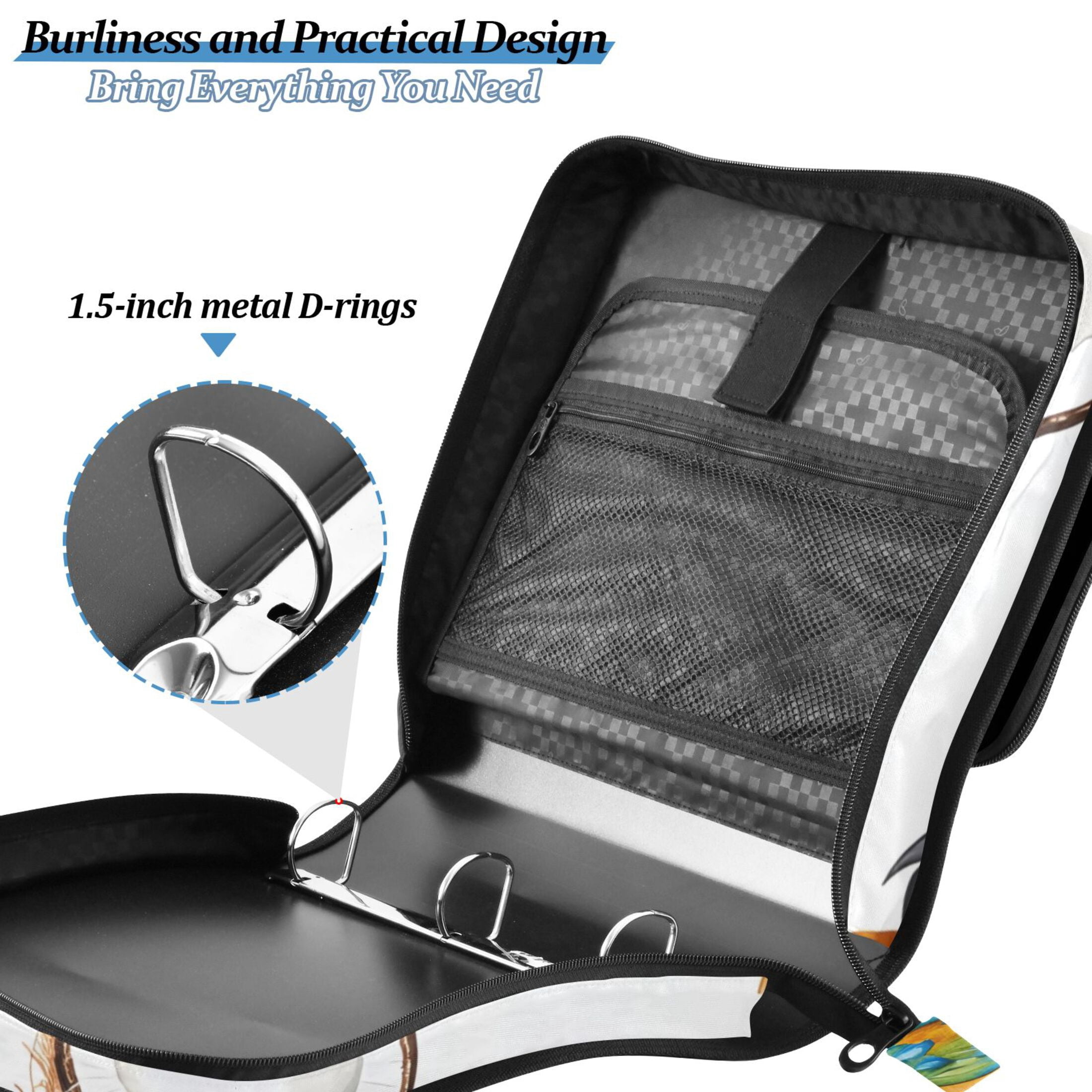 3 Ring Zipper Binder with Shoulder Strap Waterproof Trapper Keeper 2 Inch D-Ring 500 Sheets Capacity Coconut and Bird