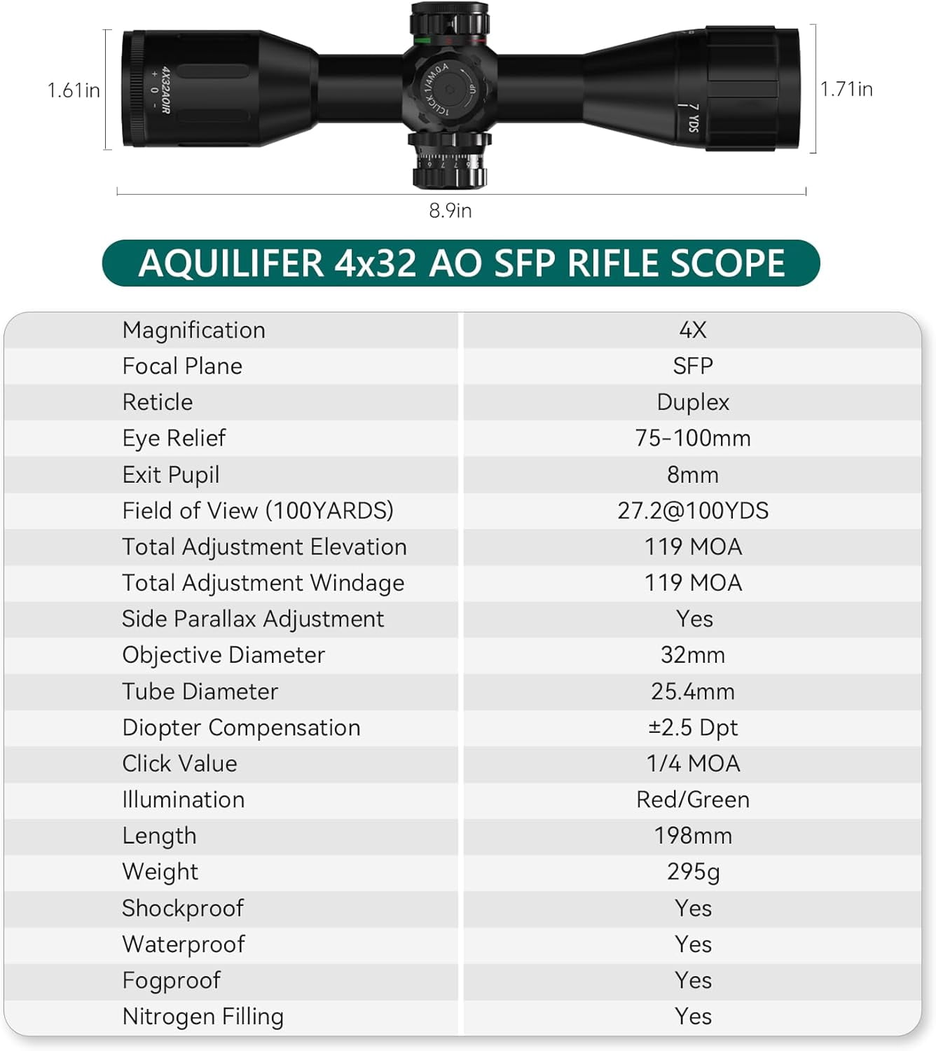 Aquilifer HT 4x32 AO Compact Rifle Scope for .22LR, Red/Green Illuminated Reticle, 1-Inch Tube, Waterproof Fogproof Shockproof Hunting, Parallax-Free from 7 yds-Infinity