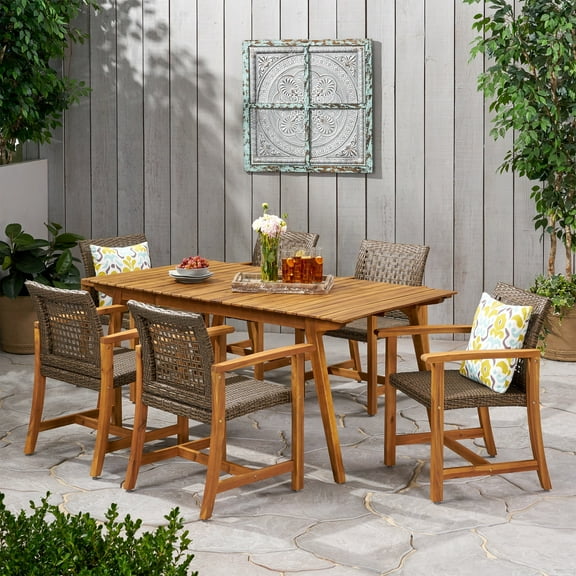 Jovana Outdoor 6 Seater Dining Set, Teak Finish and Mixed Mocha