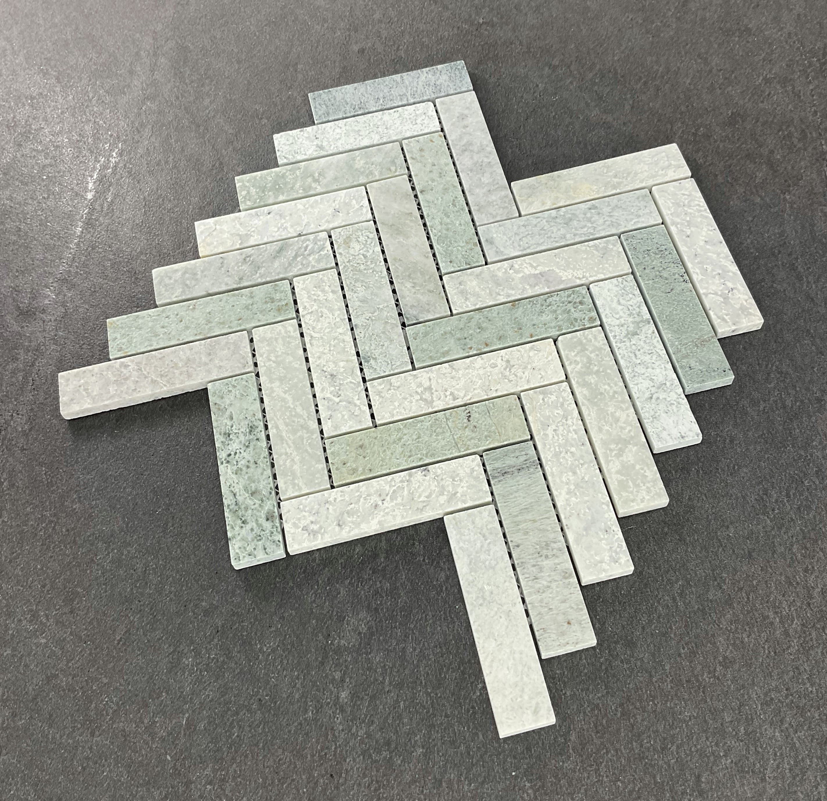 10 Sheets of 1" x 4" Ming Green Marble Herringbone / Chevron Mosaic Wall & Floor Tile