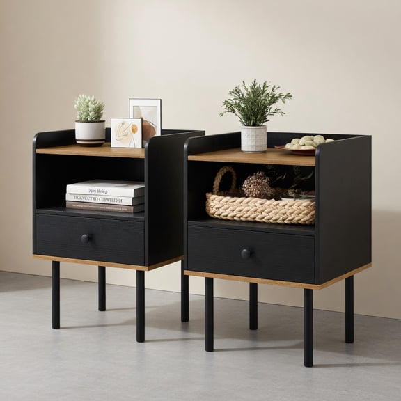 Topcobe Nightstand Bedside End Table with Drawer and Shelf for Living Room Bedroom, Modern Furniture for Indoor-Set of 2
