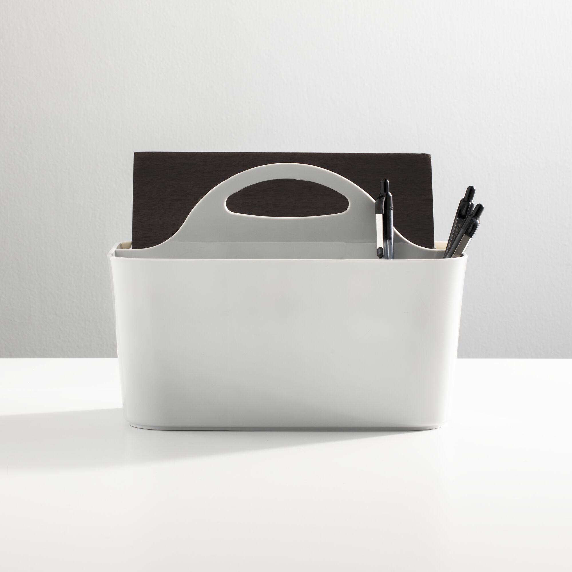 mDesign Small Plastic Caddy Tote for Desktop Office Supplies, 2 Pack, Light Gray