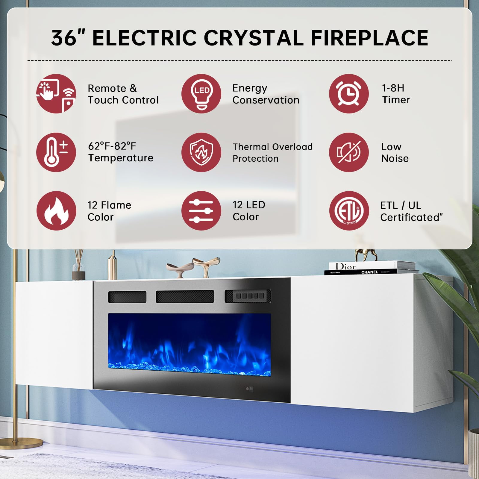 Easoger Floating TV Stand with 36" Electric Fireplace, Wall Mounted Fireplace Entertainment Center with Storage for TVs Up to 80", Adjustable Partition, Black/White (White TV Stand + Black Fireplace)