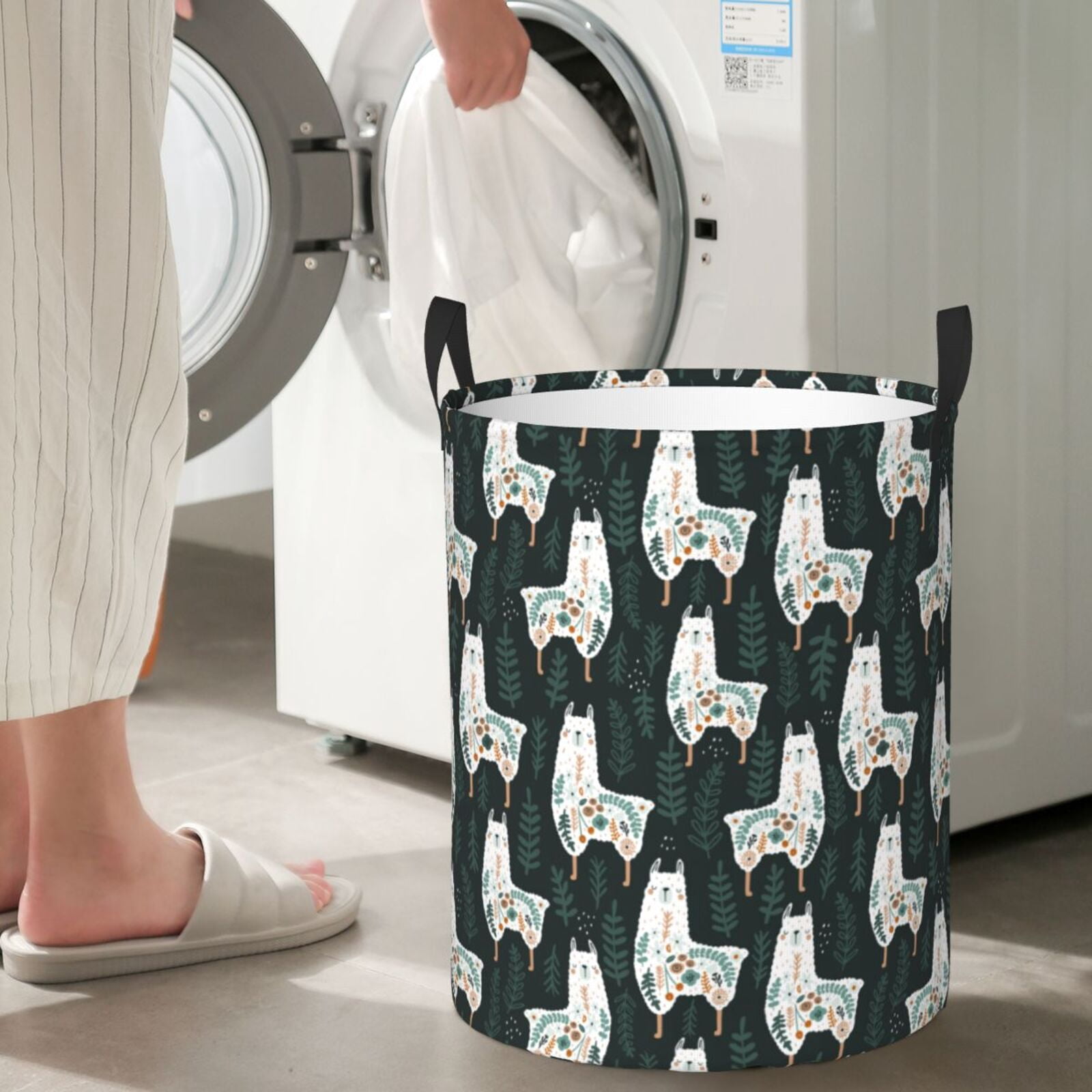 Large Laundry Basket with Handles - Abstract Plant Cute Alpaca Kids Baby Dirty Clothes Laundry Hamper for Bedroom Aesthetic