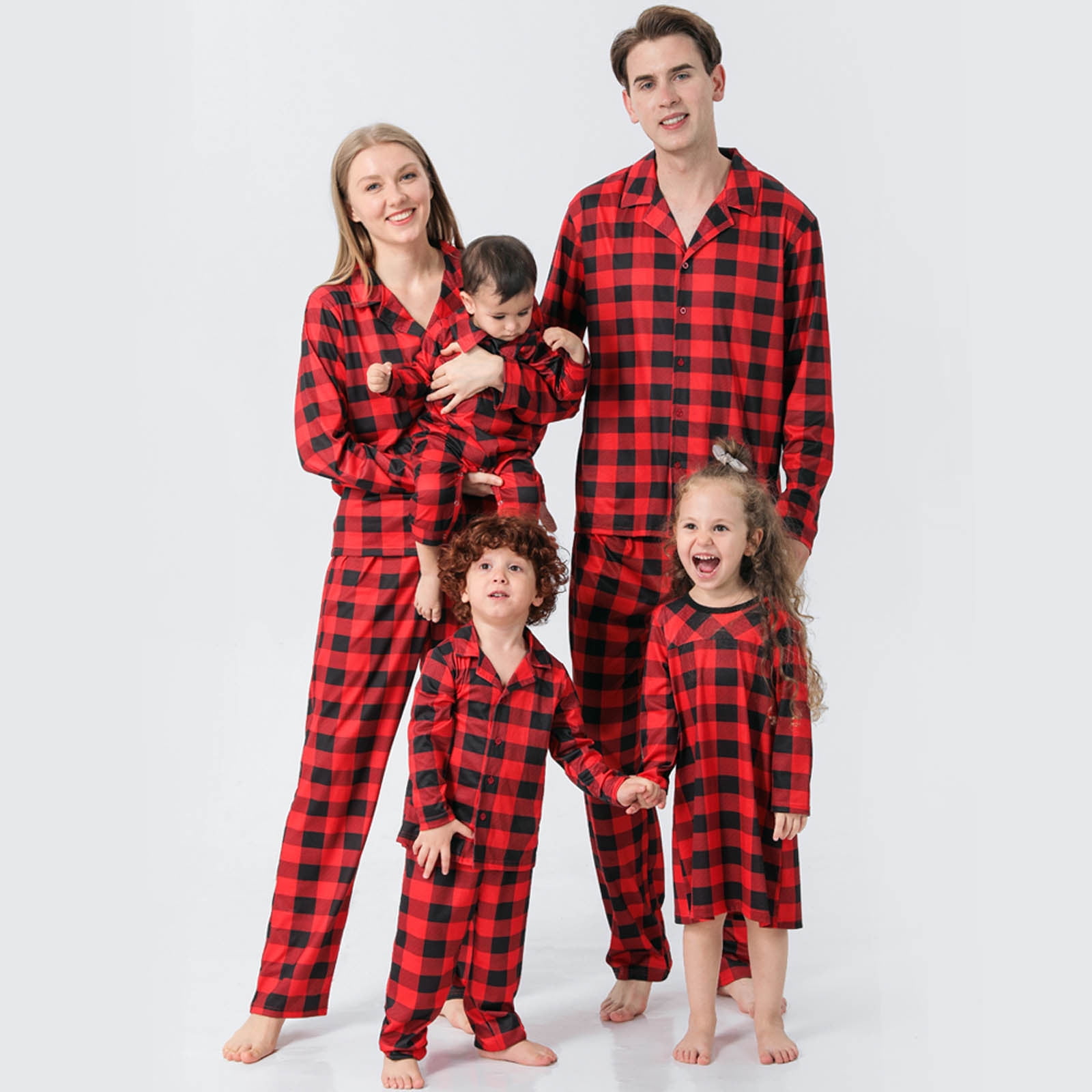 Mikilon Cute Christmas Plaid Family European And American Pajamas Parent Child Suit Dad Red