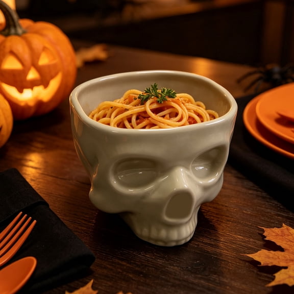 BiFandian Halloween Skull Ceramic Serving Bowl Set, 300 Milliliter Small 500 Milliliter Large Skull Bowl, Halloween Decorations Indoor Outdoor Holiday Party Table Decor for Snacks, Treats