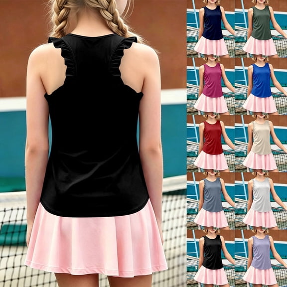 LILIYA Girl's Summer Workout Tank Tops Kids Ruffle Sleeveless Racerback Crewneck Casual Loose Fit Shirts Running Gym Athletic Cozy Yoga Tee Shirts