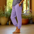 thumbnail image 6 of Women Linen Pants Summer Casual Gaucho Pants Drawstring Elastic Waist Wide Leg Slacks Loose Fitting Beach Attire Purple XXL, 6 of 7
