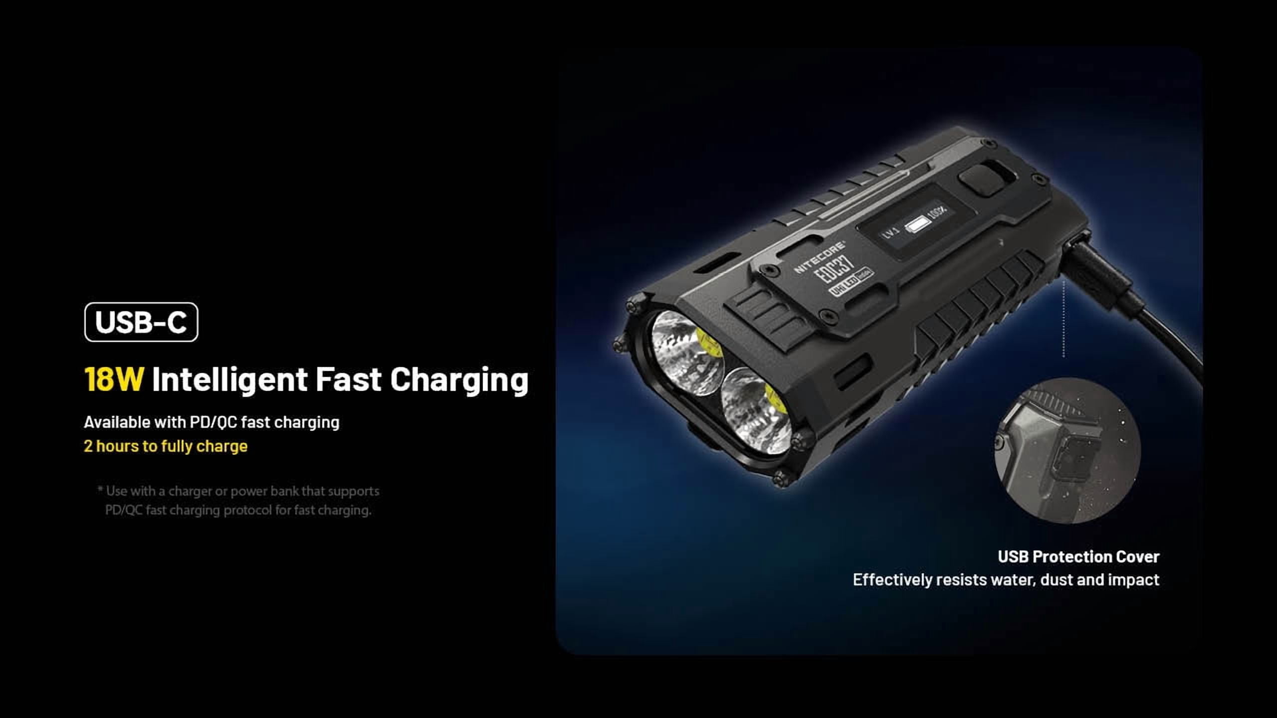 Nitecore EDC37 USB-C Rechargeable 8000 Lumens LED EDC Flashlight, Black