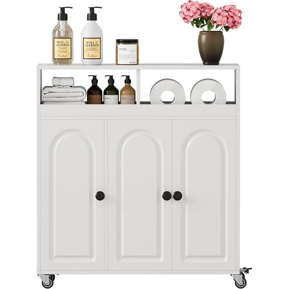 ANHDAH 3-Door Bathroom Storage Cart with Shelves, White Rolling Organizer Cabinet
