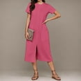 thumbnail image 4 of SMihono Women's 2025 Summer Casual Midi Dress Short Sleeve Crewneck T Shirt Beach Front Slit Vacation Fall Long Dresses Hot Pink M, 4 of 7