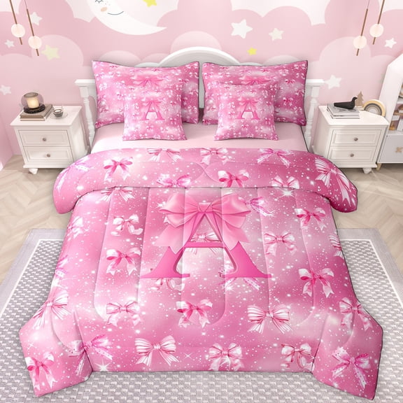 Manfei Letter A Monogrammed 7-Piece Twin Bedding Sets,Cartoon Bow Tie Bedding Comforter Set,Chic Starry Night Sheet Sets For Child,Microfiber Room Decorative Reversible