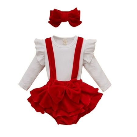 

Newborn Baby Girl Christmas Outfit Ruffle Infant Solid Long Sleeve Top Buffalo Plaid Suspender Shorts Headband Fall Clothes