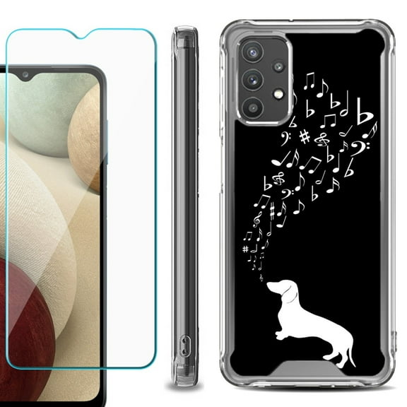 Shockproof Bumper Phone Case for Samsung Galaxy A32 5G, with Tempered Glass Screen Protector, by OneToughShield ® - Dachshund/Puppy Music
