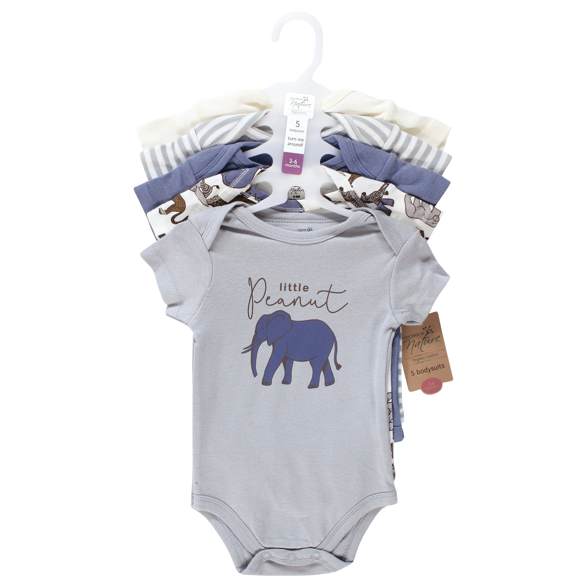 Touched by Nature Unisex Baby Organic Cotton Bodysuits, Classic Safari, Newborn