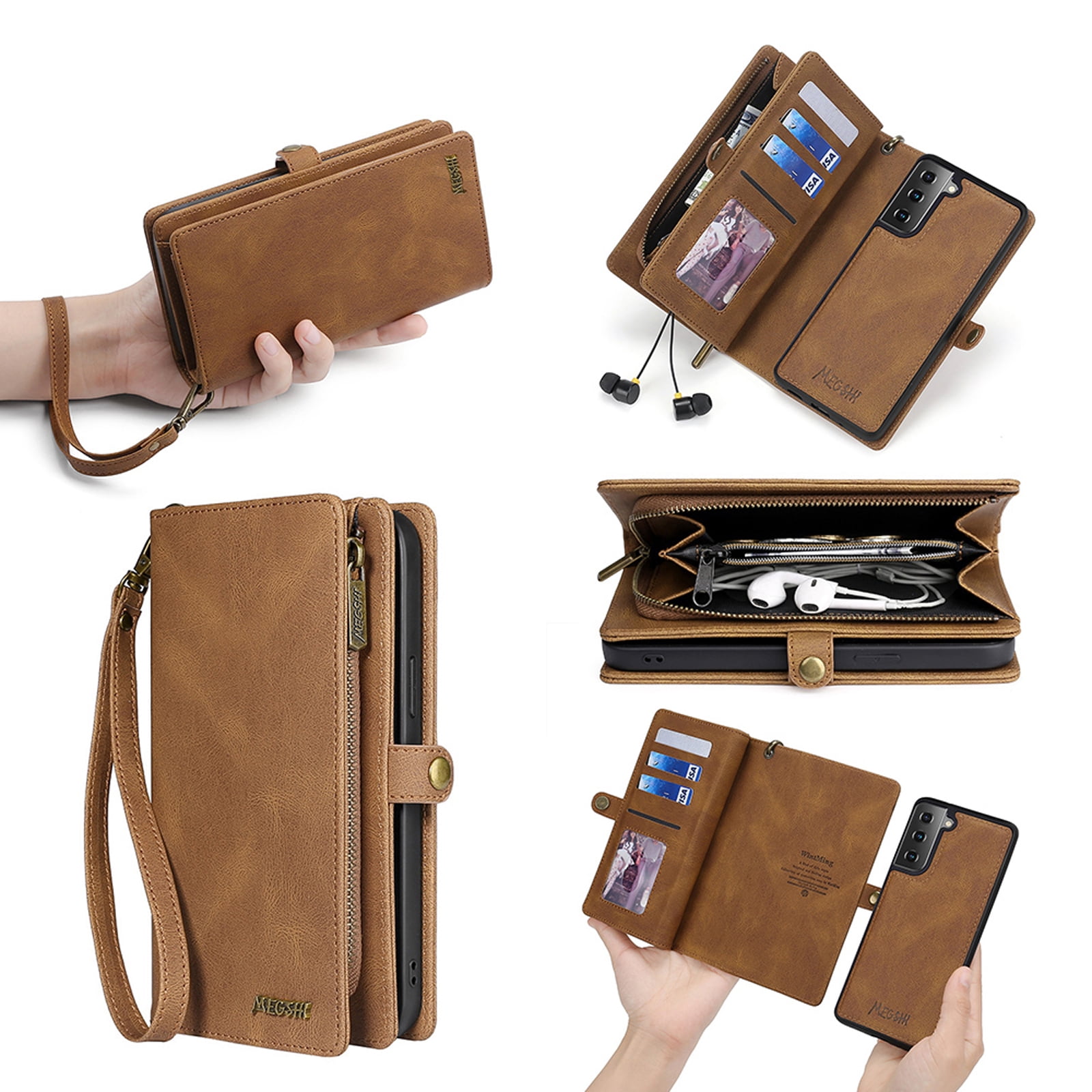 for Samsung Galaxy S24 Case for Women Men, Removable Durable PU Leather Magnetic Flip Strap Wristlet Zipper Purse Card Holder Detachable Wallet Phone Cases for Samsung Galaxy S24, Brown