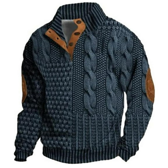 guisaled Mens Sweatshirts Knit Print 1/4 Button Up Long Sleeve Stand Collar Sweatshirt Henley Neck Loose Fit Fall Casual