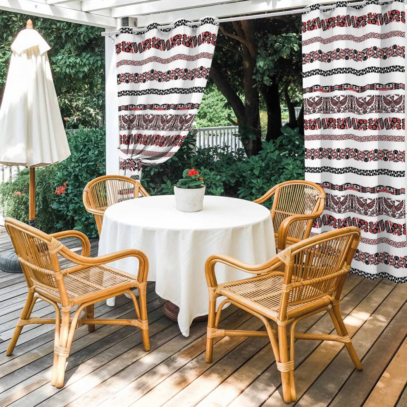 Tribal Ethnic Style Outdoor Curtains for Patio, Bird Geometric Boho Red White Rustic Sunshade Privacy Drapes Grommet Waterproof Outside Curtains for Porch/Cabana/Balcony 54"x 108", 1 Panel