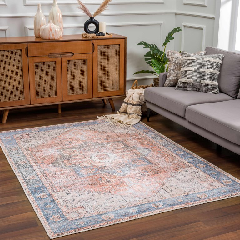 Terracotta Blue Persian Style Traditional Rug Non Slip Machine Washable  Stain Resistant Living Room Bedroom Kitchen Mat Hallway Runner Rugs 