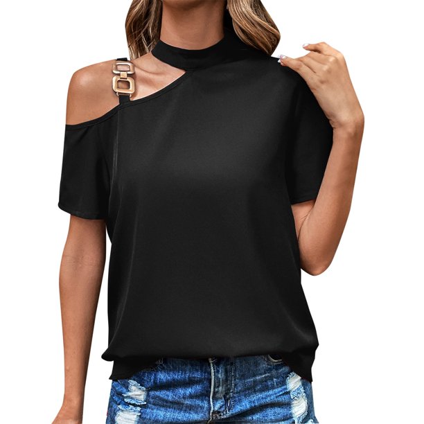 Gibobby Playera Manga Corta para Mujer Camiseta manga corta con hombros descubiertos y cuello inclinado Sexy verano para mujer(Negro,M)