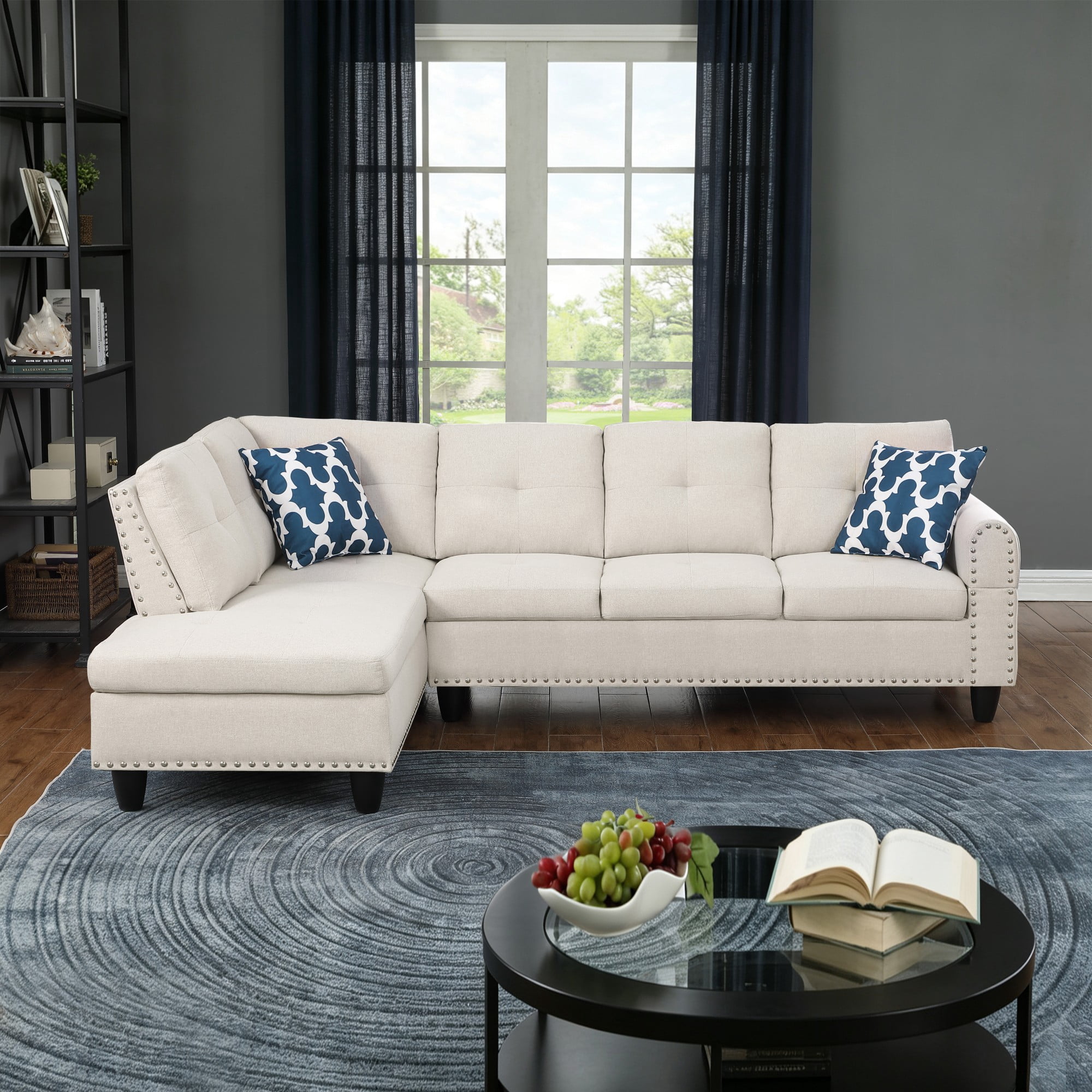 BSHTI 3-Seat Contemporary Linen L-Shaped Sectional Sofa with Chaise, Pull-Down Cup Holders, Toss Pillows for Living Room（Beige）