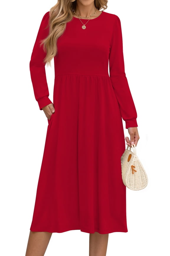 Long Sleeve Midi Dresses for Women Casual Floral Dress Flowy Fall Dresses with Pockets