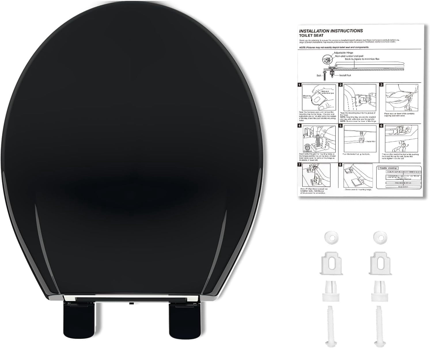 Hetoy 17-Inch Round Toilet Seat, Slow-Close Toilet Seat, Easy to Clean and Stain Resistant, Plastic Toilet Seat with Lid, Quick-Release Hinges and Quick-Connect Hardware, Black