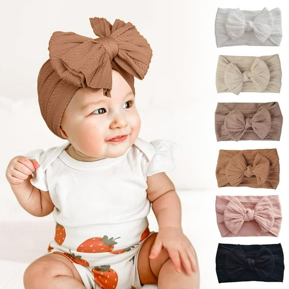 Monebena 6 Pack Headbands for Baby，Fashionable Stretchy Nylon Headband With Bows Elastic Wide Headbands for Toddler Girls