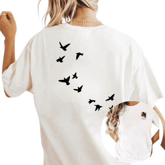Women's Flying Bird Silhouette Nature Graphic T Shirt Minimalist Bird Lover Print Breathable Short Sleeve Round Neck Top White S-5XL