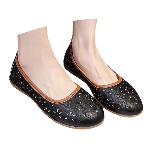 SuTry Women's Round Toe Flats Lightweight Breathable Cutout PU Leather Slip On Comfortable Casual Office School Travel Walking Shoes(36)