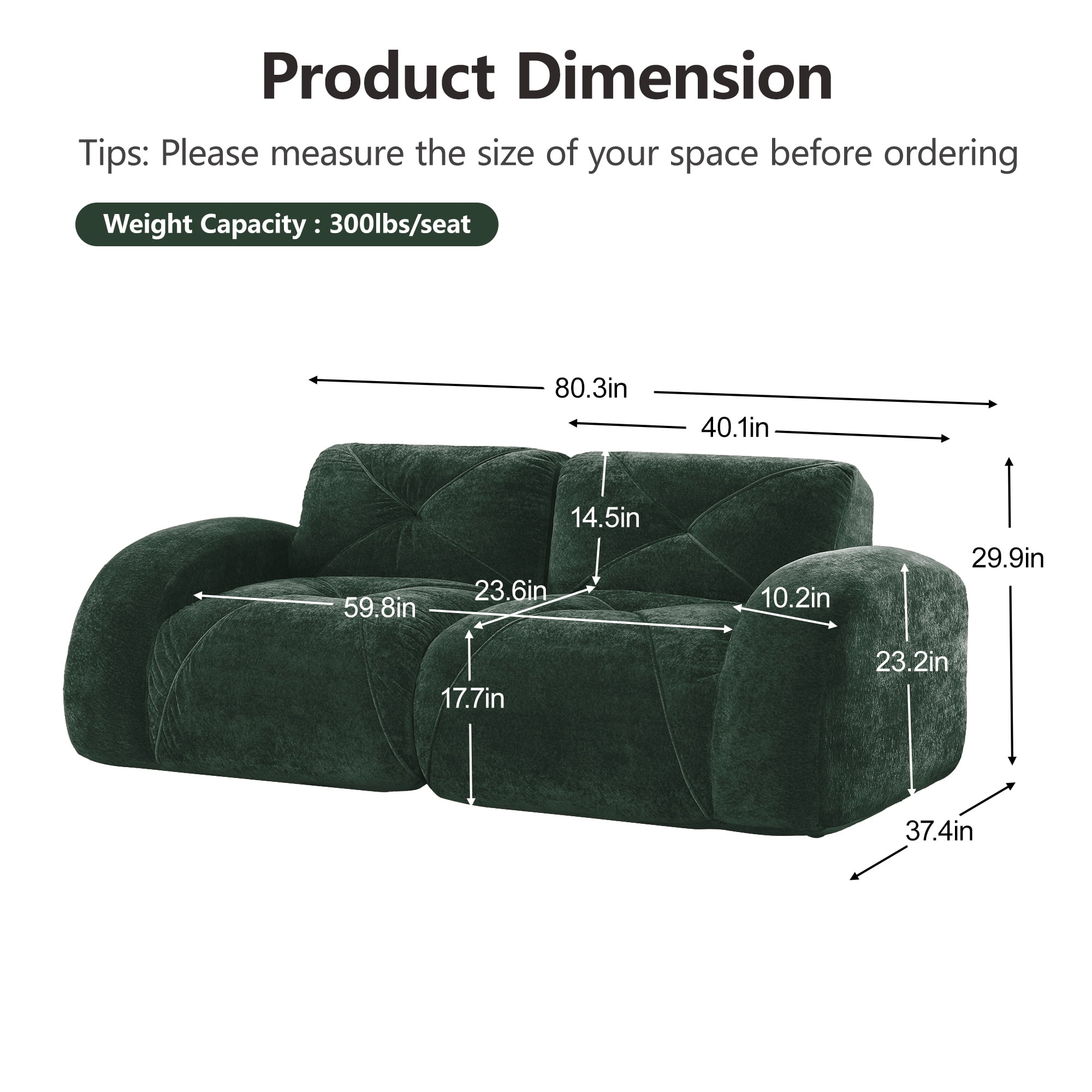 AISWORD 40" 2-Seat Modular Cloud Loveseat, Soft Velvet Boneless Sofa with Anti-Slip Bottom, No Assembly Required
