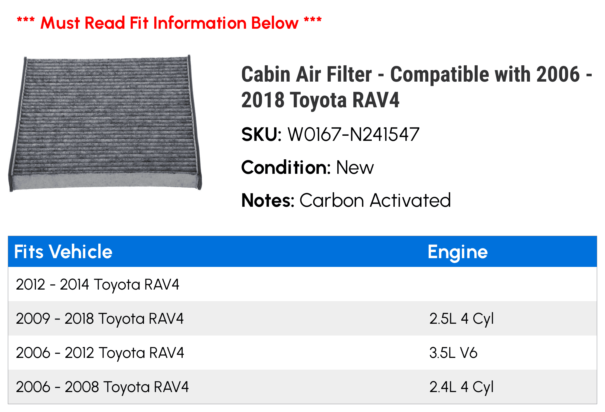 Cabin Air Filter - Compatible with 2006 - 2018 Toyota RAV4 2007 2008 2009 2010 2011 2012 2013 2014 2015 2016 2017