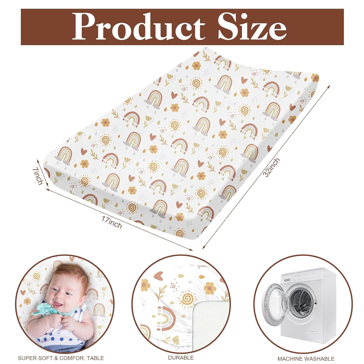 4 Pcs Boho Rainbow Changing Pad Cover 32' 'x 17" Soft Changing Table Pad Covers Wipeable Table Mat Diaper Boho Rainbow Nursery Decor for Baby Girls Boys