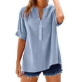 thumbnail image 4 of Akafmk Plus Size Womens Button Shirts,Dressy Blouses for Women Summer Tops,Short Sleeve Tops Solid Color Loose Fitting V-neck Casual Button Shirts, 4 of 4