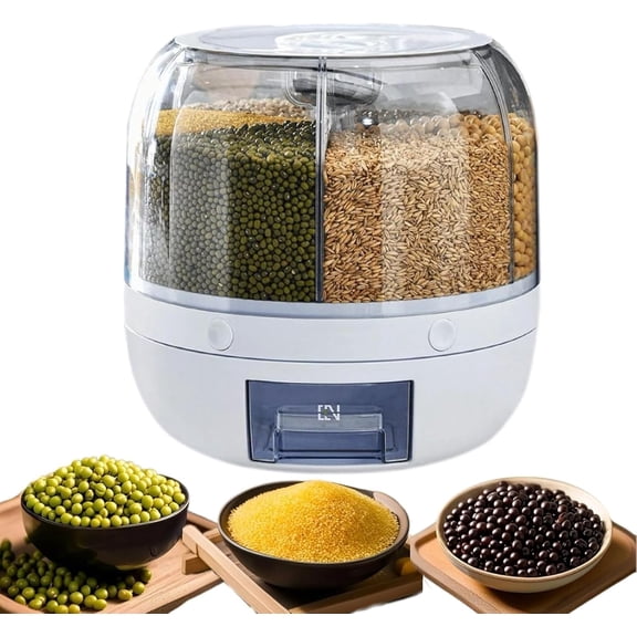 6 Grid Rotating Dry Storage, Cereal Storage Container Dispenser Countertop, Grain Organizer and Dispensers Round 360 Food Rotating Dispensers for Store Rice, Red Beans, Yellow Beans