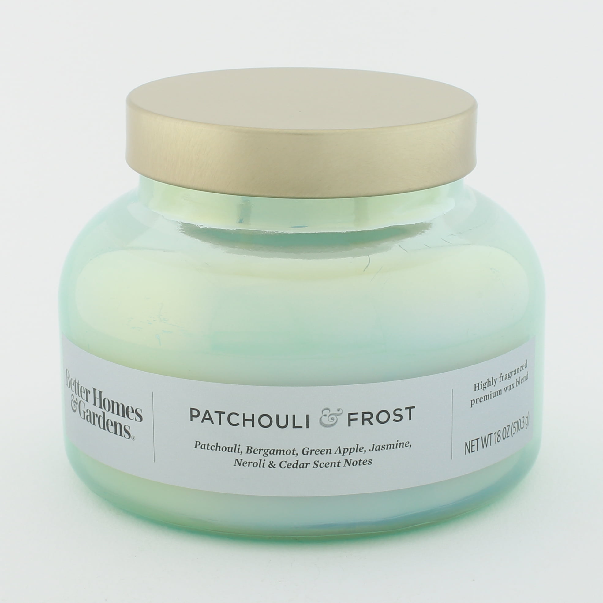Better Homes & Gardens 18oz Patchouli & Frost Scented 2-Wick Iridescent Bell Jar candle