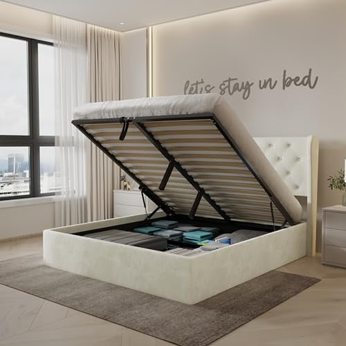Velets Diva Contemporary Mid-Century Soft Padded Tufted Upholstered Platform Bed with Hydraulic Gas Lift Storage - Wood Slat System & Smart Hydraulic Under-Bed Storage (Ivory, Queen)
