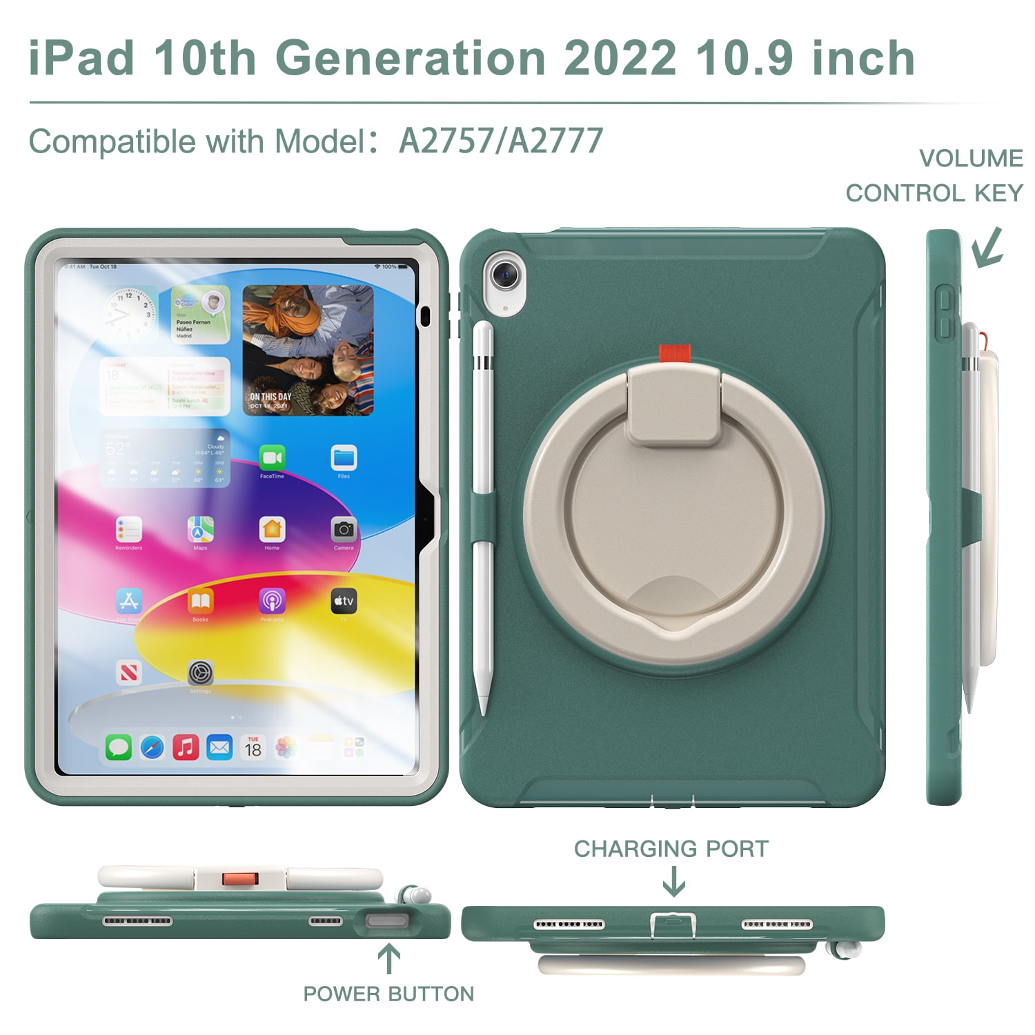 Dteck Case for iPad 10th Generation 10.9 inch 2022 with Hand Grip, Portable Carrying Rugged Shockproof Cover with Rotatable Stand Pencil Holder for Apple iPad 10th Gen,Deep Green