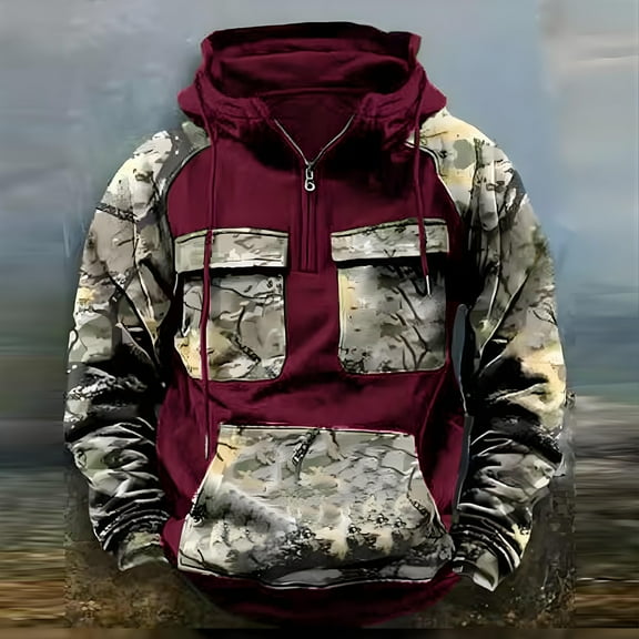 Domuza Mens Camo Hoodies Fleece Quarter Zip Up Drawstring Cargo Hooded Sweatshirt Fall Winter Vintage Baggy Pullover Top with Pockets Wine 2XL