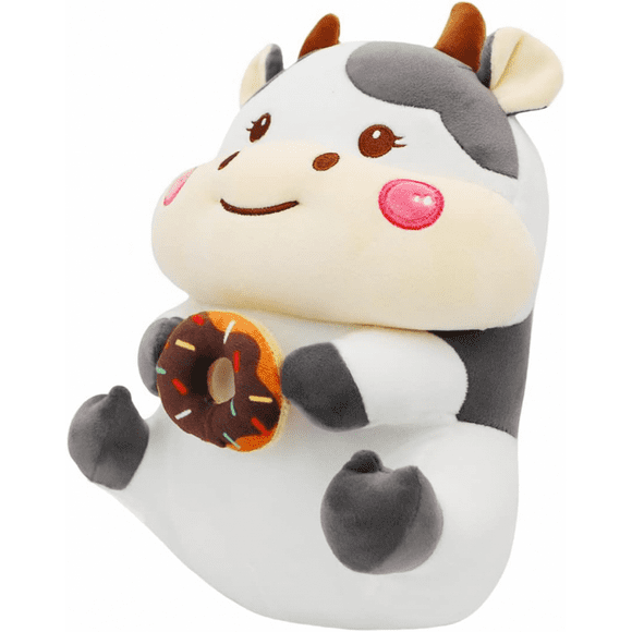 Donut Cow Plush Toy Cute Milk Cow Stuffed Black and White Holstein Dairy Cow with Donut, Soft Plushie Tutie Cow Hugging Gifts/9.8''