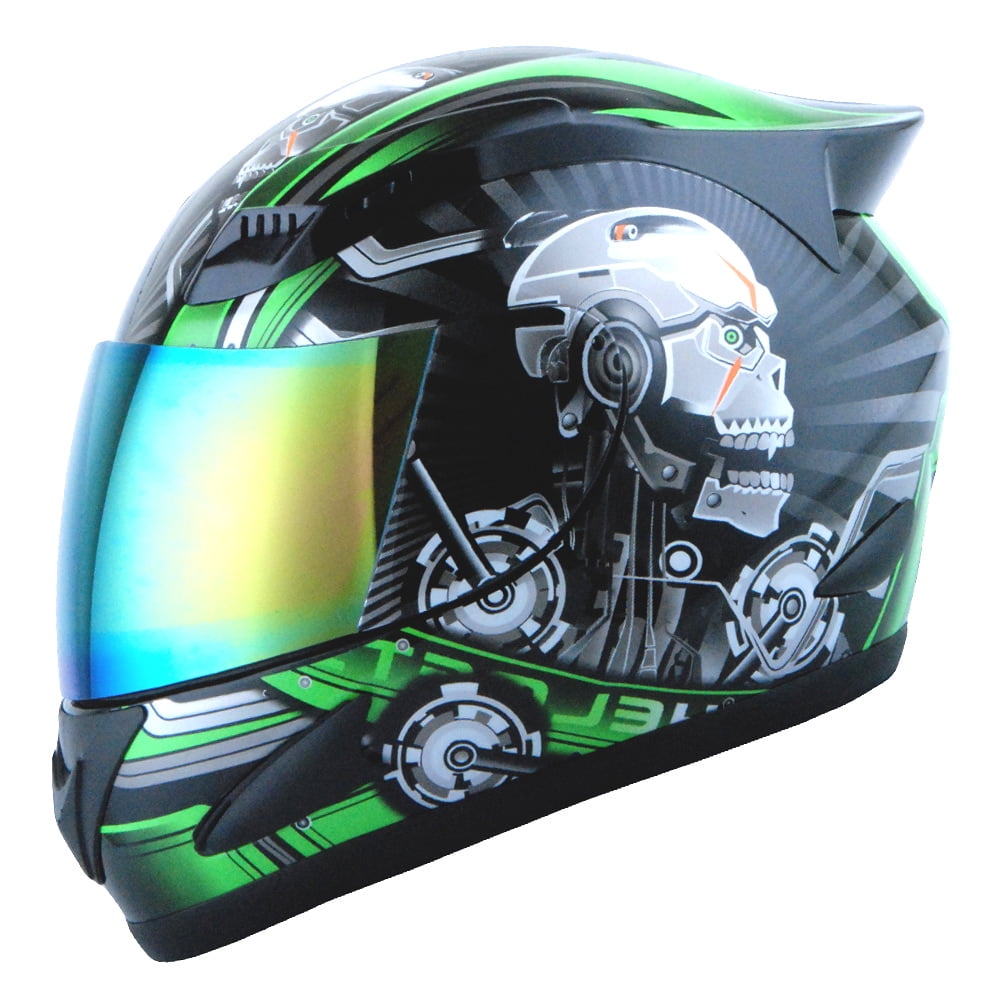 1STORM MOTORCYCLE BIKE FULL FACE HELMET DJ11 MECHANIC SKULL GREEN