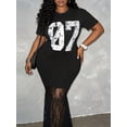 thumbnail image 5 of Black Plus Size Maxi Dress With Numeric 07 Print And Lace Hem Street Casual Round Neck Short Sleeve, 5 of 8