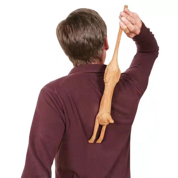 Rascador de espalda con forma de gato divertido, herramienta de masaje de espalda de madera con mango largo