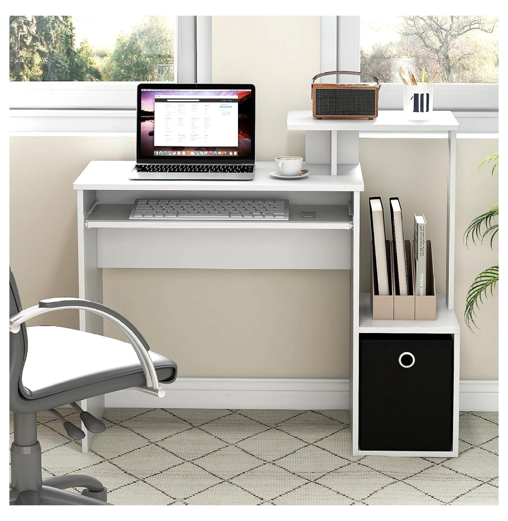 JZWAL White Computer Desk with Drawers & Keyboard Tray, Modern Home Office Desk with Storage Shelves & Printer Stand, Laptop PC Table for Workstation, Study Writing Desk for Small Spaces, Bedroom