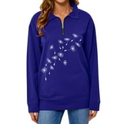 ZXZY Women Dandelion Graphic Print Zipper Lapel Collar Long Sleeve Sweatshirt