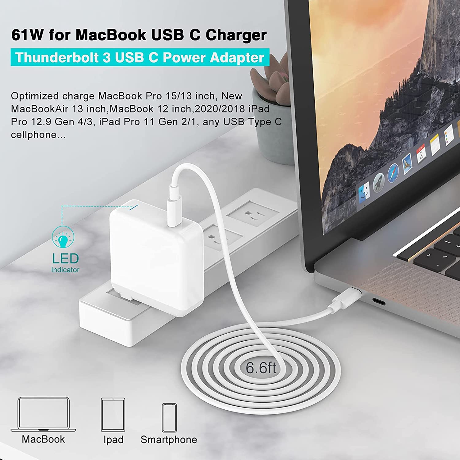 SZpower 61W USB-C Wall Charger for MacBook, iPad, Android, PC (White) - image 2 of 7