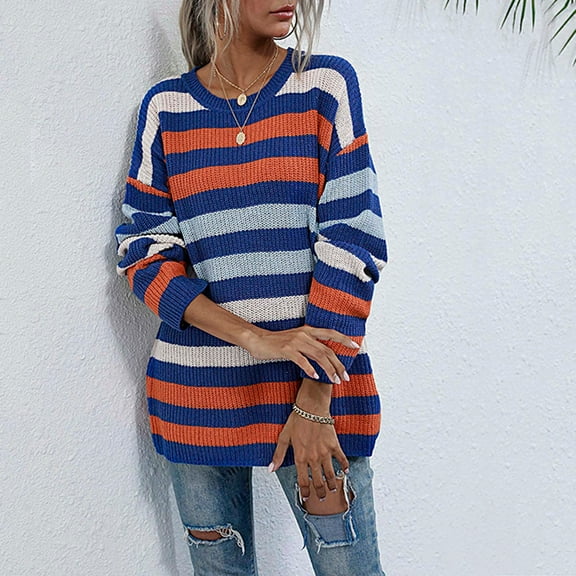 VALMASS Long Sleeve Crewneck Color Block Plaid Pullover Knit Sweater Women (S, Blue)