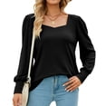 thumbnail image 1 of Camisa de punto para mujer, cuello cuadrado, mangas largas abullonadas, puños abotonados, camisa de punto de ajuste casual, negro S, 1 of 5
